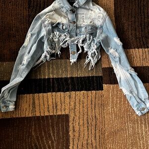 Fashion Nova Light Blue Distressed Cropped Jacket